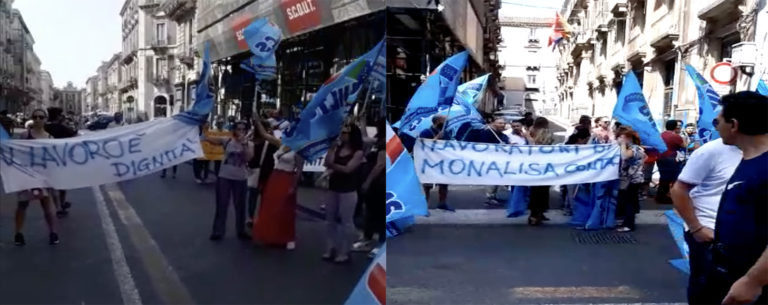 I 101 lavoratori del Monalisa Contact in protesta dinanzi alla Prefettura di Catania